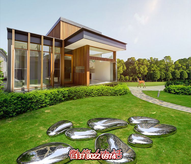 高端室內(nèi)草坪裝飾，不銹鋼雕塑鏡面石頭安放