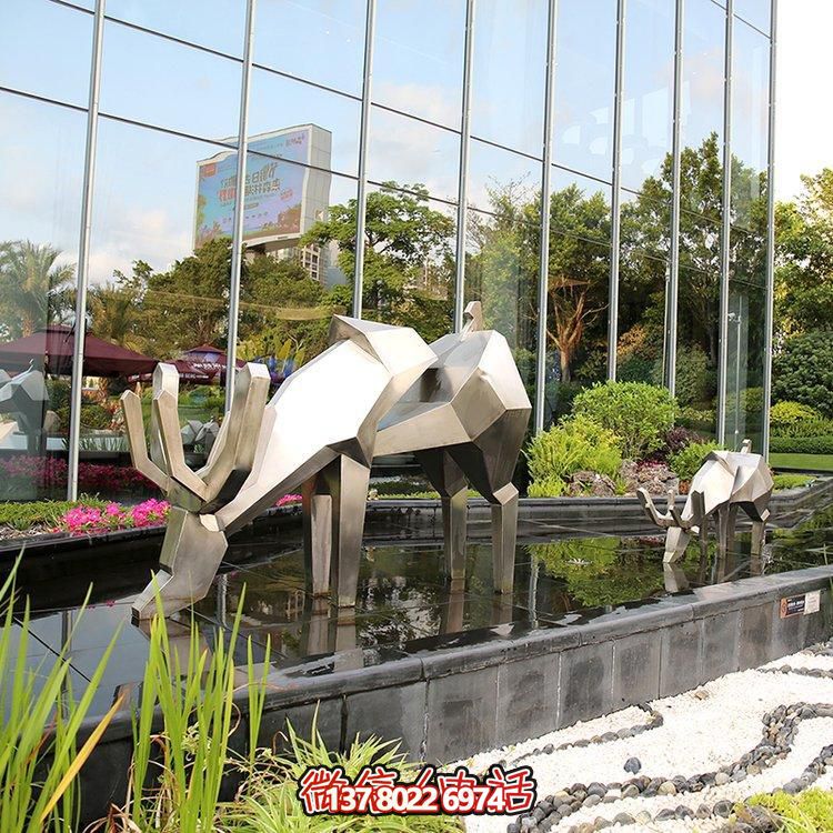 精致雕塑，幾何鏡面不銹鋼鹿，點綴精致水景小品