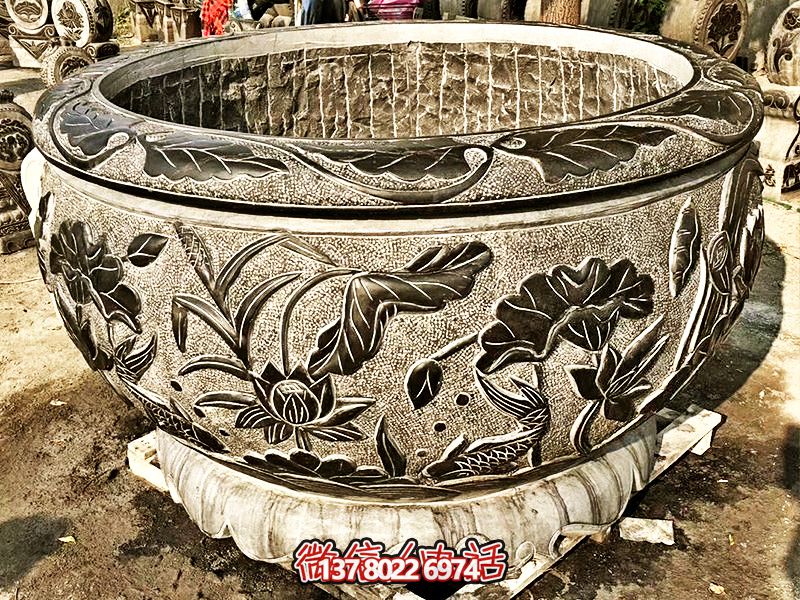 精美大理石浮雕蓮花缸，現(xiàn)代庭院裝飾雕塑