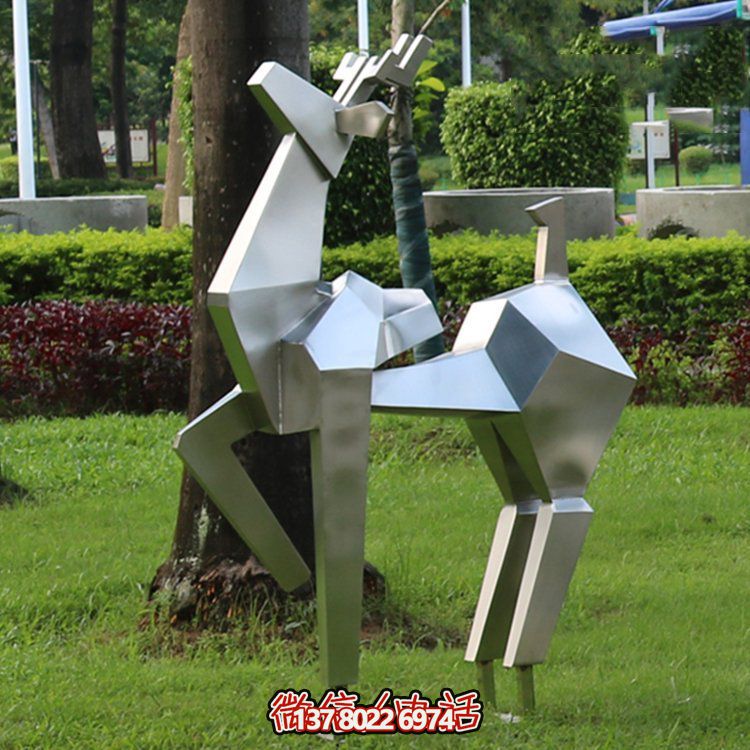 不銹鋼幾何切面鹿雕塑，優(yōu)雅動(dòng)物景觀擺件