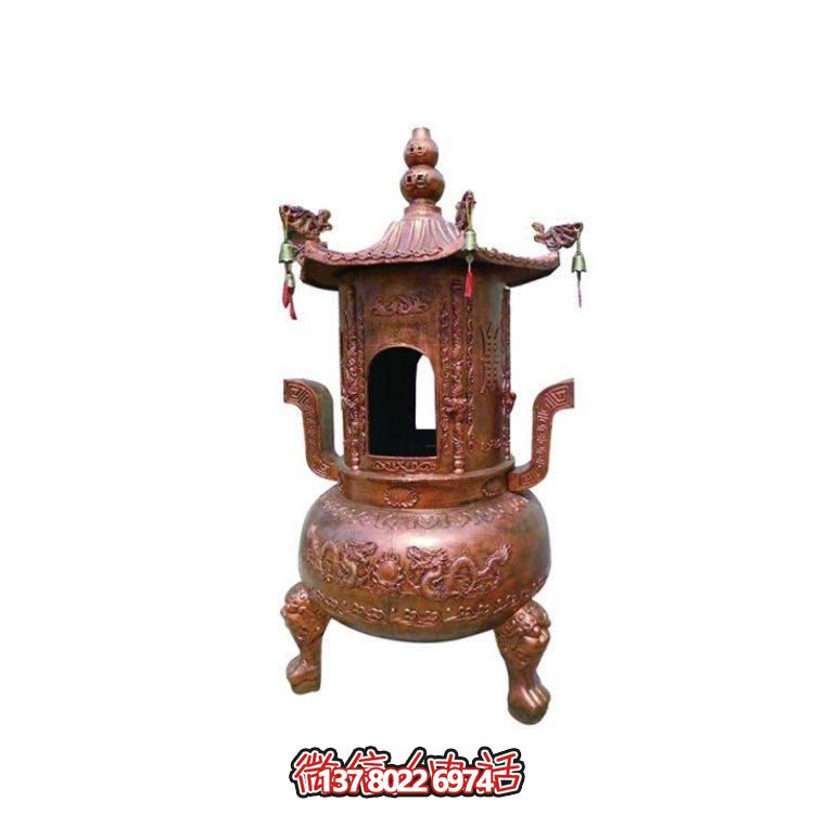 純銅香爐四柱舍利塔，裝飾寺院舍利