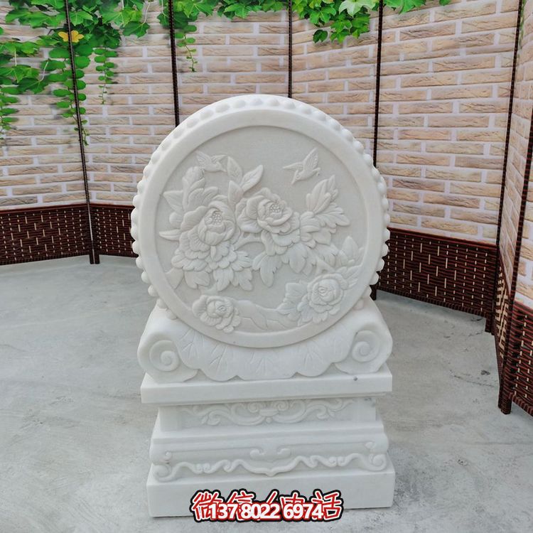 中式風(fēng)格天然漢白玉石雕抱鼓浮雕門(mén)墩，花開(kāi)富貴