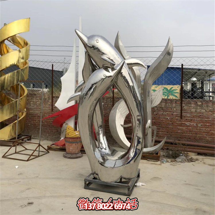 精美不銹鋼海豚雕塑，為您的戶外廣場增添水景鏡面美感