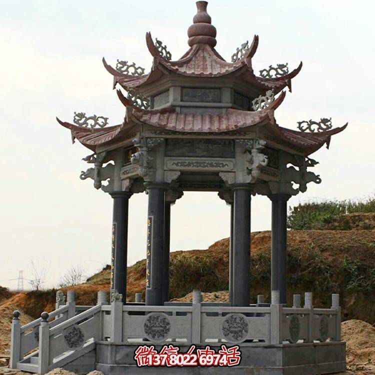 古典風(fēng)格二層涼亭，青石雕刻仿古園林戶外擺放