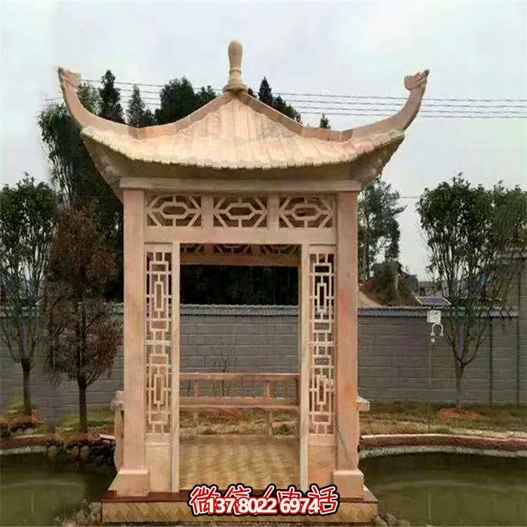 紅石雕鏤涼亭，晚霞中空中創(chuàng)意雕塑