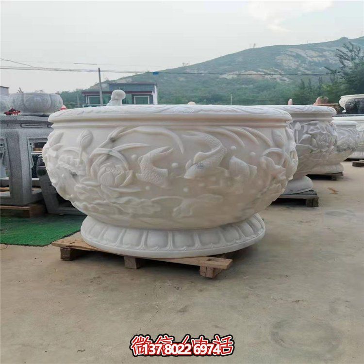 古典經典，漢白玉鯉魚雕刻圓形水缸
