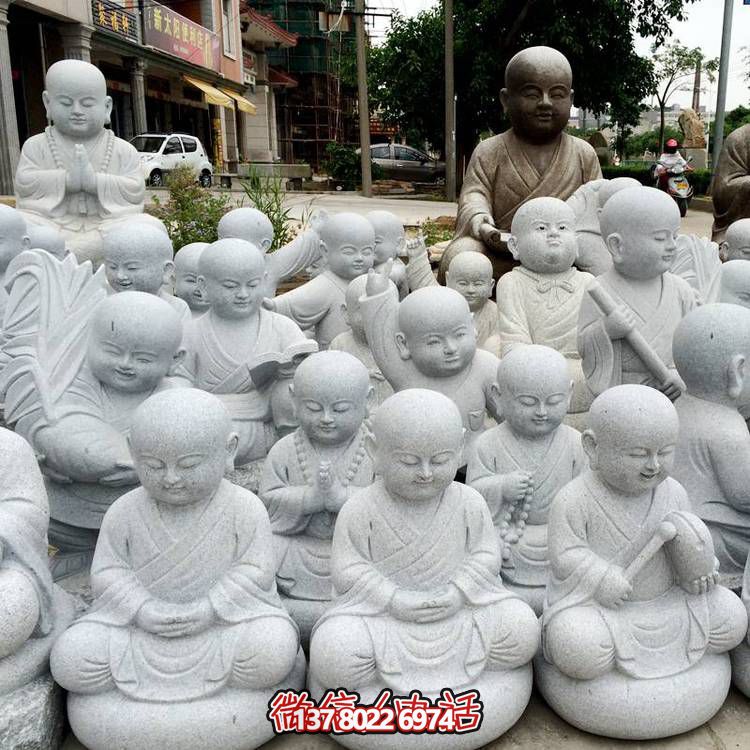 天然砂巖雕刻小沙彌擺件，美麗景致精美寺院家居裝飾