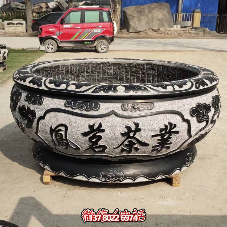 仿古青石荷花水缸，配合庭院戶外，點(diǎn)綴人間養(yǎng)魚園