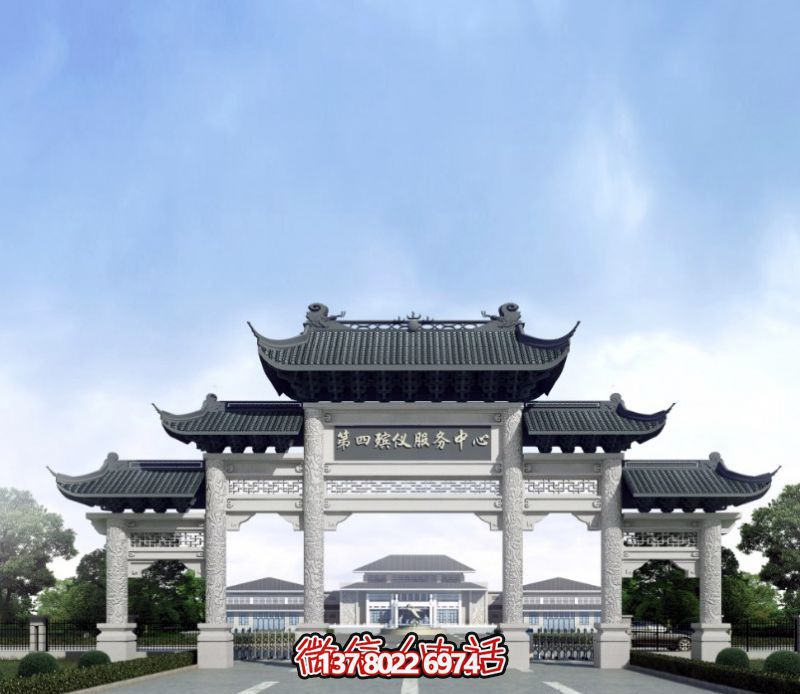 一座新式殯儀館五門景觀、青瓦斗拱、牌樓等高雅裝飾