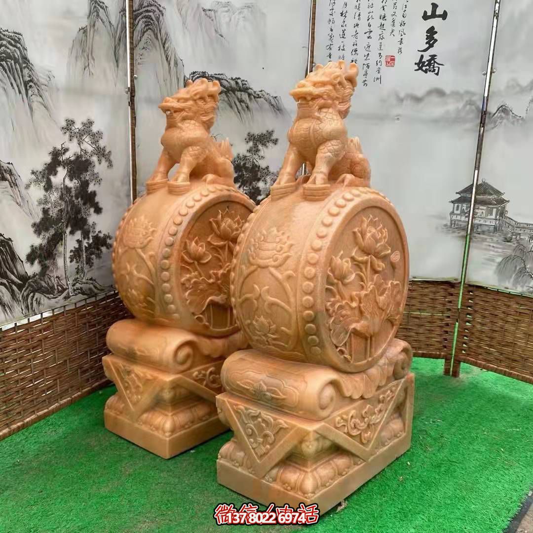 麒麟抱鼓石，晚霞紅荷花門墩