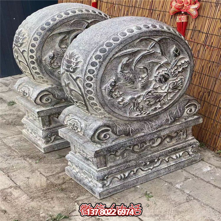 花崗巖雕刻鯉魚(yú)牡丹花紋抱鼓石門墩景點(diǎn)門前擺件