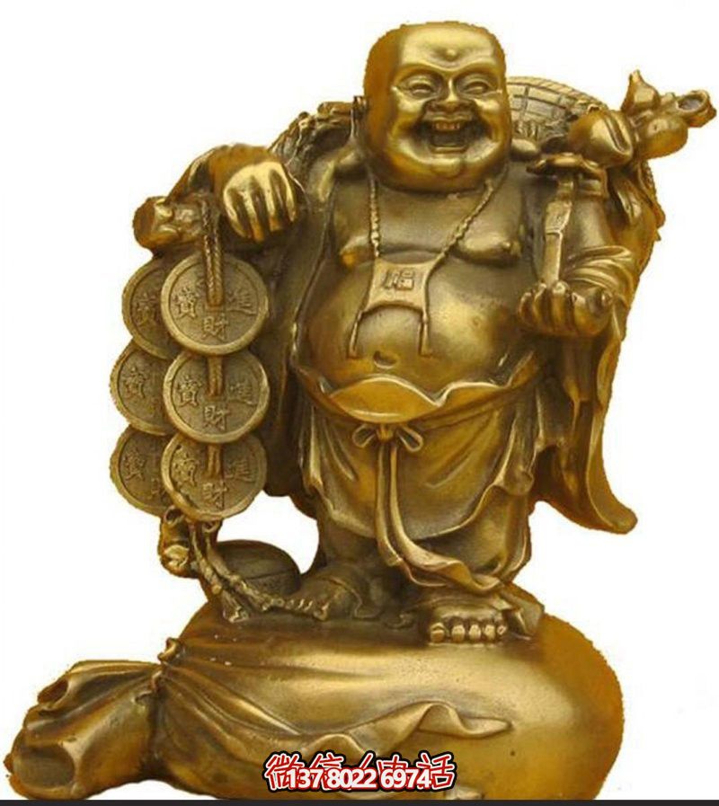 戶外噴金烤漆扛著銅錢(qián)的彌勒佛雕塑